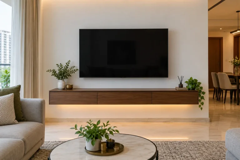 Floating walnut TV unit with hidden LED strip