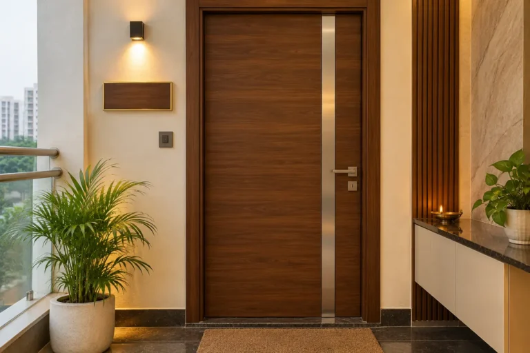 Flush laminate main door with steel inlay strip