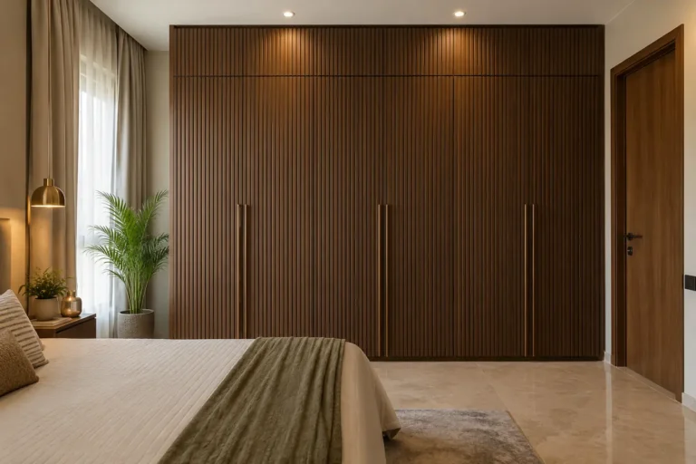Fluted wooden wardrobe shutters in walnut finish