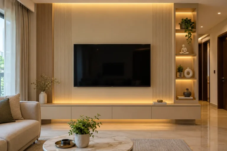 Full-wall TV panel in beige grooved laminate with open shelves