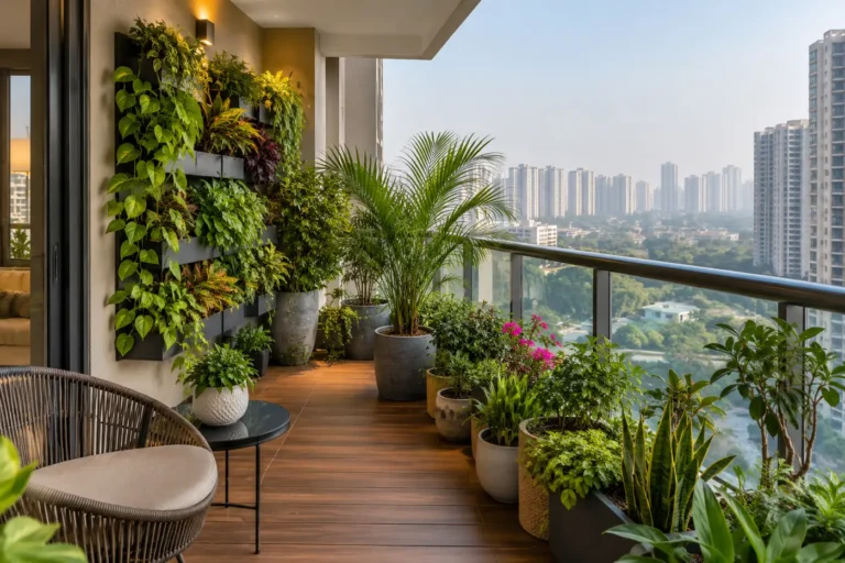 Balcony garden with vertical planters and deck floor