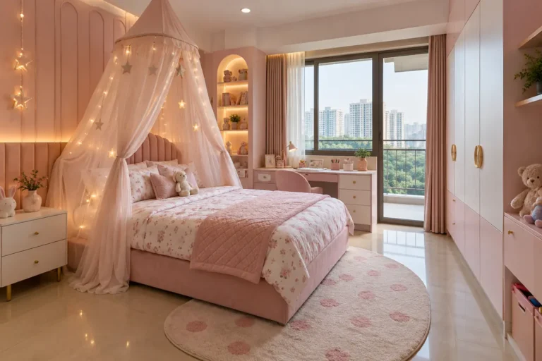 Girls kids room in blush pink with canopy bed