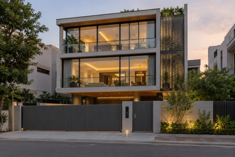 Glass facade house elevation with full-height glazing in a grey concrete frame