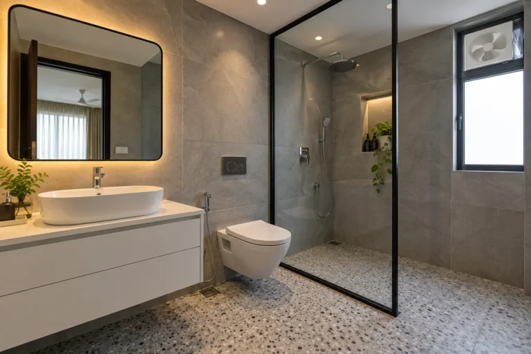 Bathroom with black-framed glass partition separating wet and dry areas