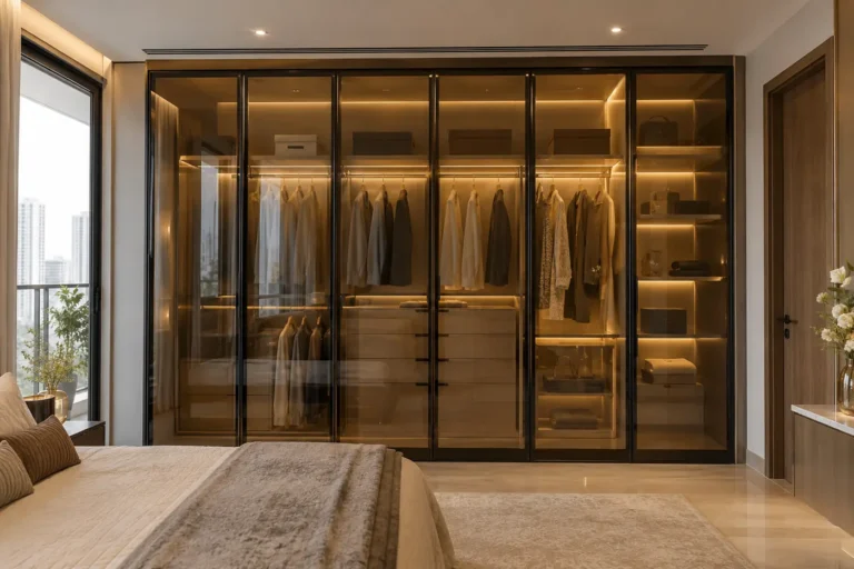 Wardrobe with black profile frames and bronze tinted glass shutters