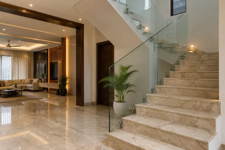 Staircase with frameless glass railing and marble steps