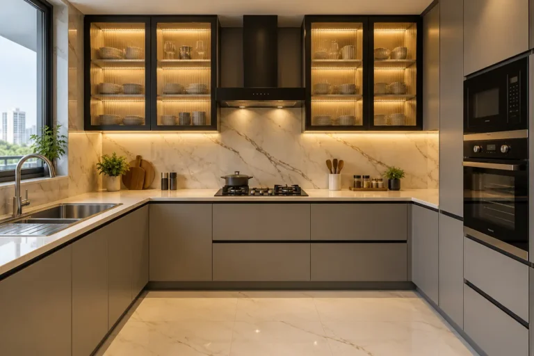 Modular kitchen with black-framed fluted glass upper shutters and grey base units