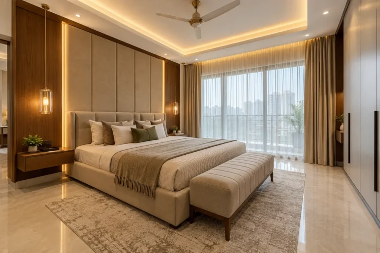 Master bedroom with full-width upholstered headboard wall, walnut border and pendant lights