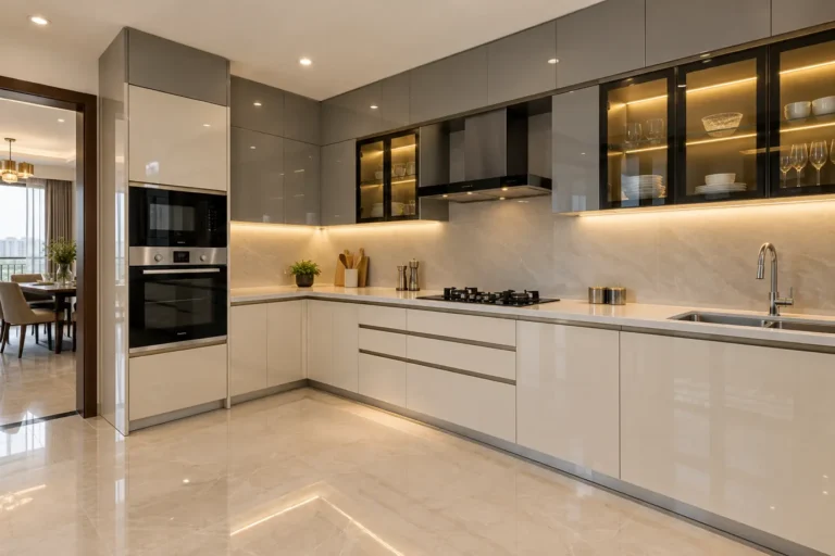 High-gloss acrylic modular kitchen with reflective cream and grey shutters