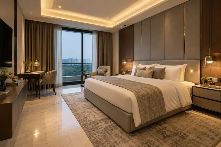 Hotel style master bedroom with white bedding, tall padded headboard and lounge chair