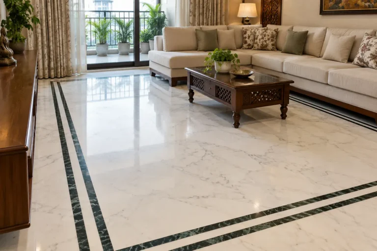 Indian Makrana-style white marble floor with border inlay