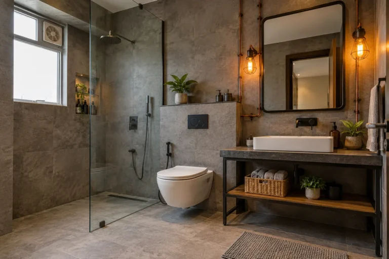 Industrial bathroom with concrete-look walls, black metal vanity and copper pipes