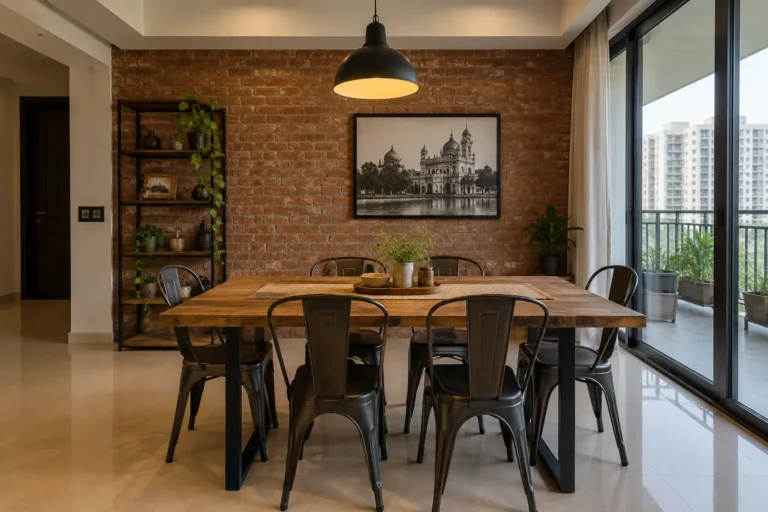 Industrial dining with reclaimed wood table and brick wall
