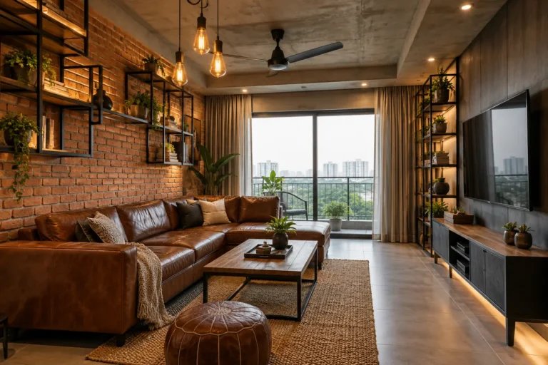 Industrial living room with exposed brick wall, leather sofa and black metal shelves