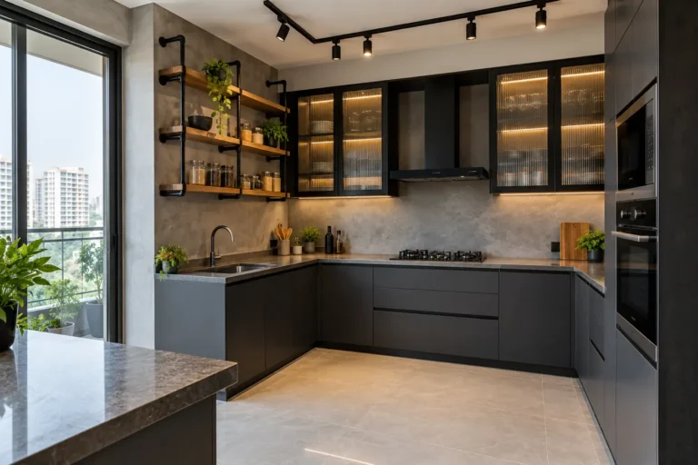 Industrial modular kitchen with charcoal cabinets, black metal shelves and concrete-look wall