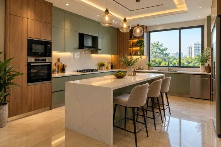 Island modular kitchen with white quartz island, bar stools and pendant lights