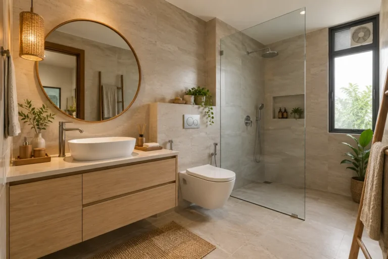 Japandi bathroom with light oak vanity, beige stone tiles and round mirror