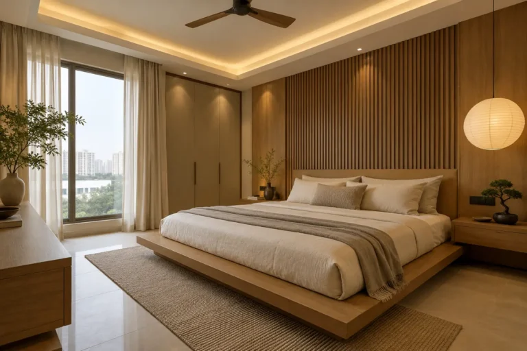 Japandi master bedroom with low oak platform bed and slatted wood wall