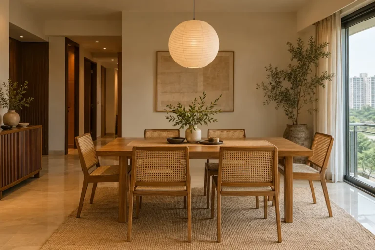 Japandi dining with oak table, cane chairs and paper pendant