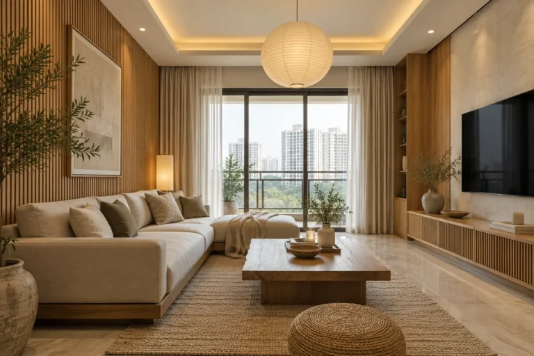 Japandi living room with low oak furniture, linen sofa and paper lantern