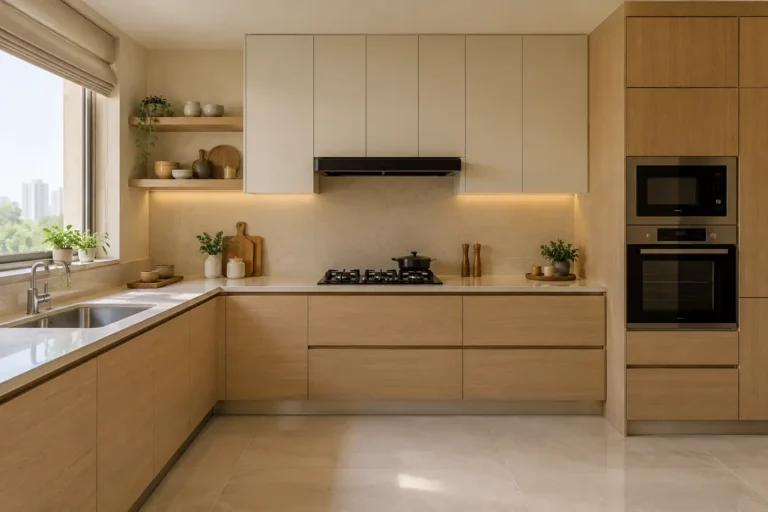 Japandi modular kitchen with light ash wood shutters and open shelves