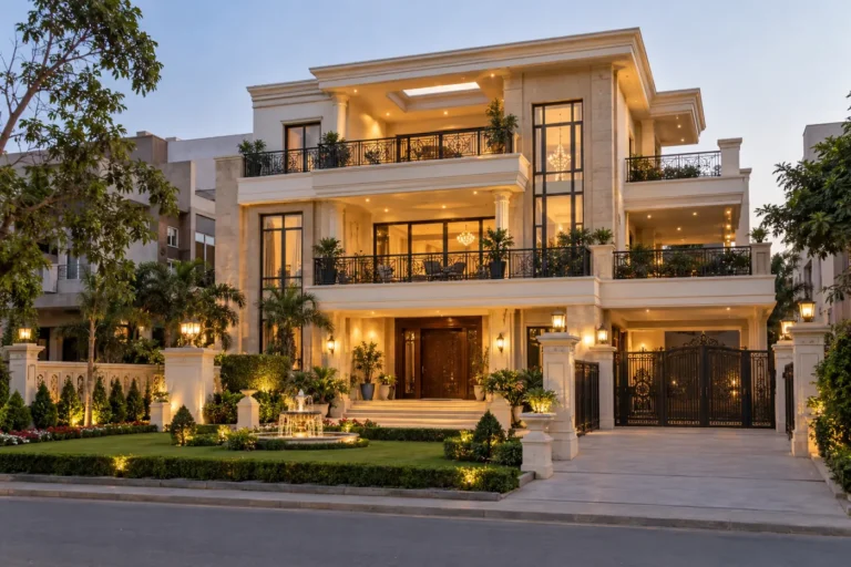 Large kothi house front elevation with wide facade, big balconies and front lawn