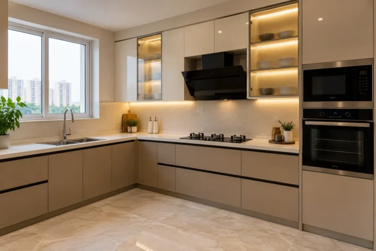 L-shape modular kitchen with beige cabinets, profile handles and under-cabinet lights
