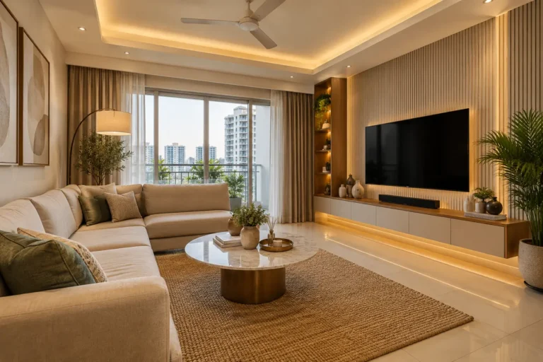 Living room with beige L-shape sofa, fluted TV wall and round marble coffee table