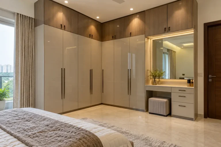 L-shaped corner wardrobe with dresser counter