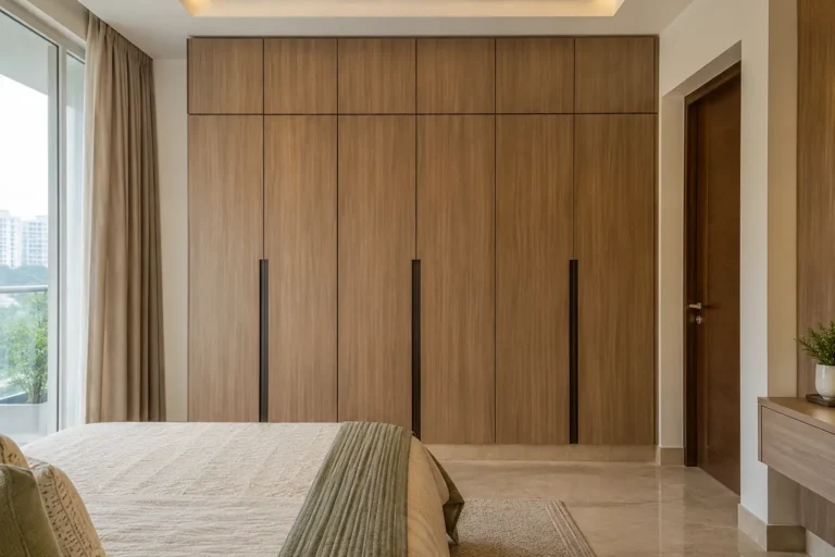 Laminate wardrobe in wood grain finish with profile handles