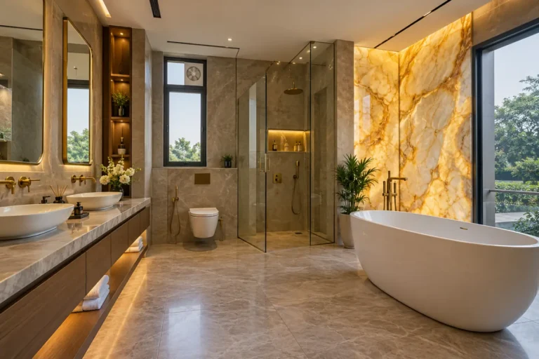 Luxury villa bathroom with freestanding tub, backlit onyx wall and gold fixtures