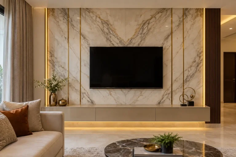 Luxury TV wall with book-matched marble and brass inlays
