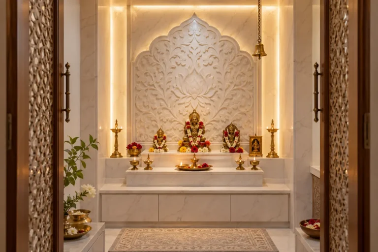 White marble pooja room with carved marble back panel and brass diya