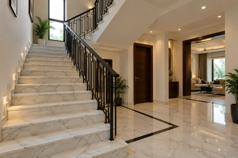 White marble staircase with black metal railing