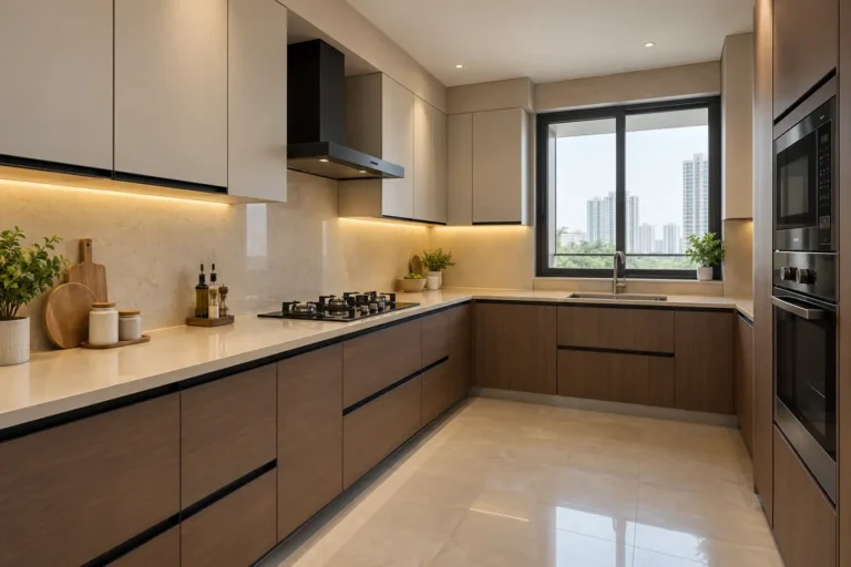 Matte laminate modular kitchen with walnut lower cabinets and off-white uppers