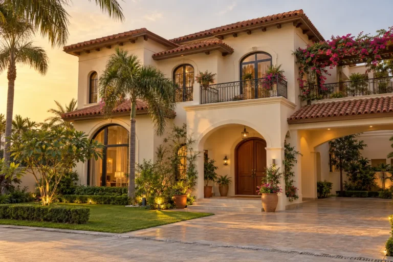 Mediterranean house elevation with terracotta roof tiles, arches and iron railings