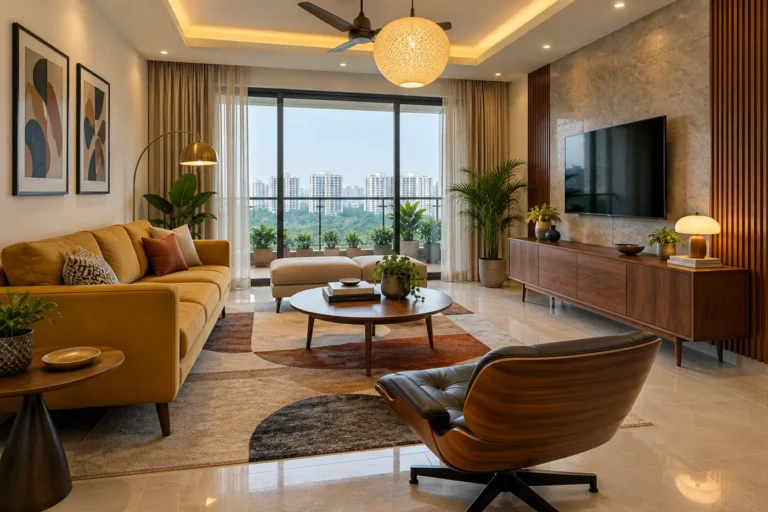 Mid-century modern living room with walnut sideboard and mustard tapered-leg sofa