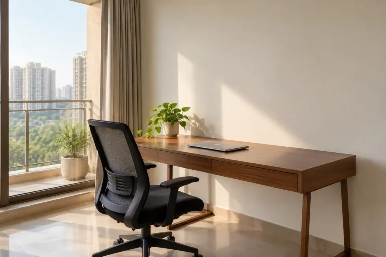 Minimal study with single desk and plant