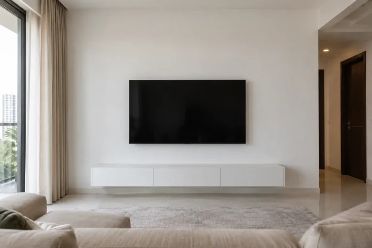 Minimal TV wall with thin white console