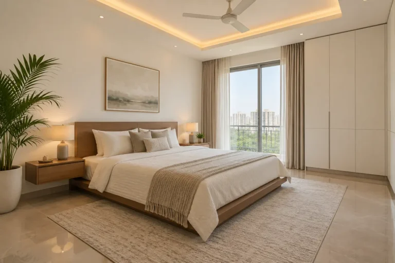 Minimalist master bedroom with low wooden bed and handleless white wardrobe