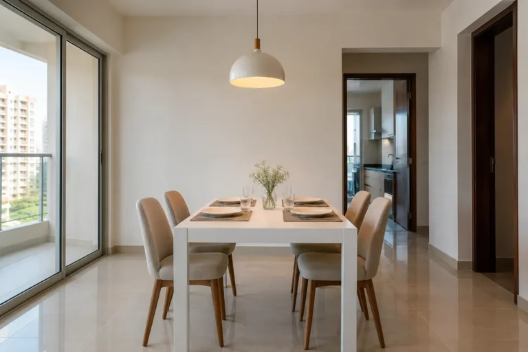 Minimalist dining with plain white table and one pendant