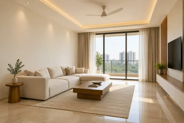 Minimalist living room with low white sofa and plain warm white walls