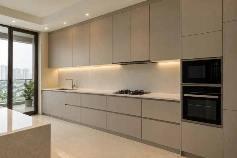 Minimalist modular kitchen with flat greige floor-to-ceiling shutters