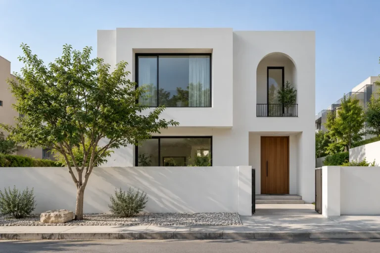 Minimalist white house front elevation with plain white walls, deep window frame and wooden door