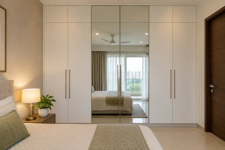Wardrobe with full-height mirror shutters