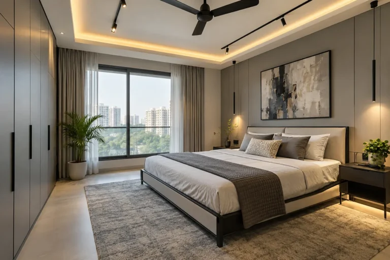 Modern master bedroom with grey and white palette and sleek platform bed