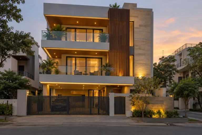 Modern box house front elevation with cantilevered slabs, wooden louvres and glass railings