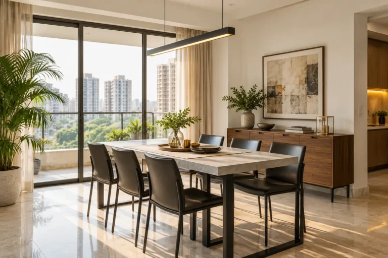 Modern dining room with black metal chairs and linear pendant