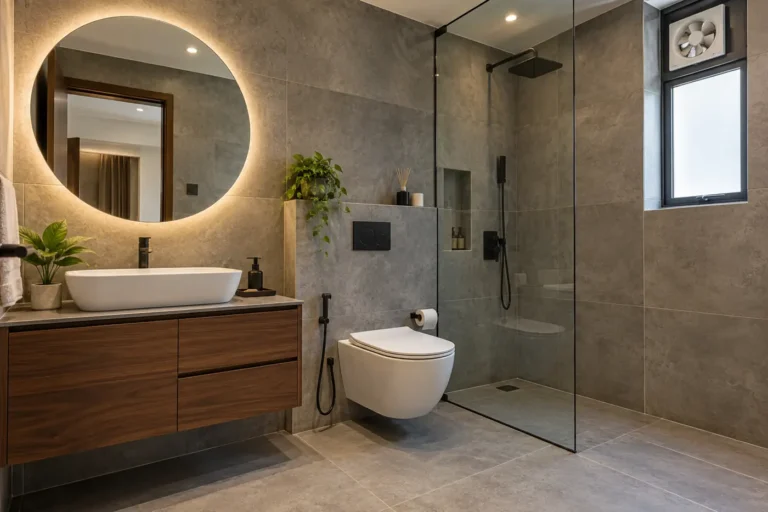 Modern grey bathroom with concrete-look tiles, floating walnut vanity and glass shower