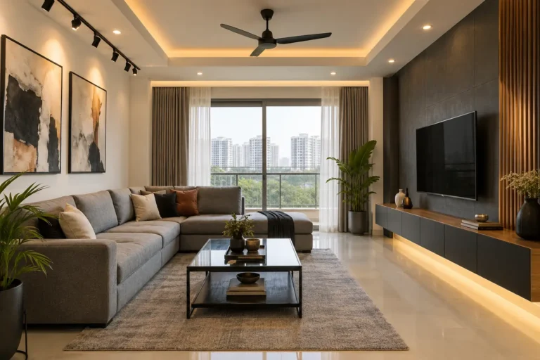 Modern living room with grey sofa, charcoal accent wall and black metal details